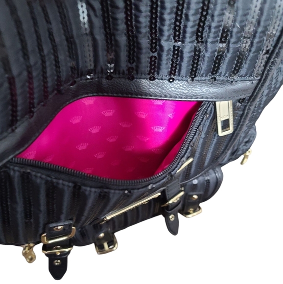 JUICY COUTURE Black Satin Sequin Quilted Drawstring Backpack With Gold Hardware - Picture 7 of 15